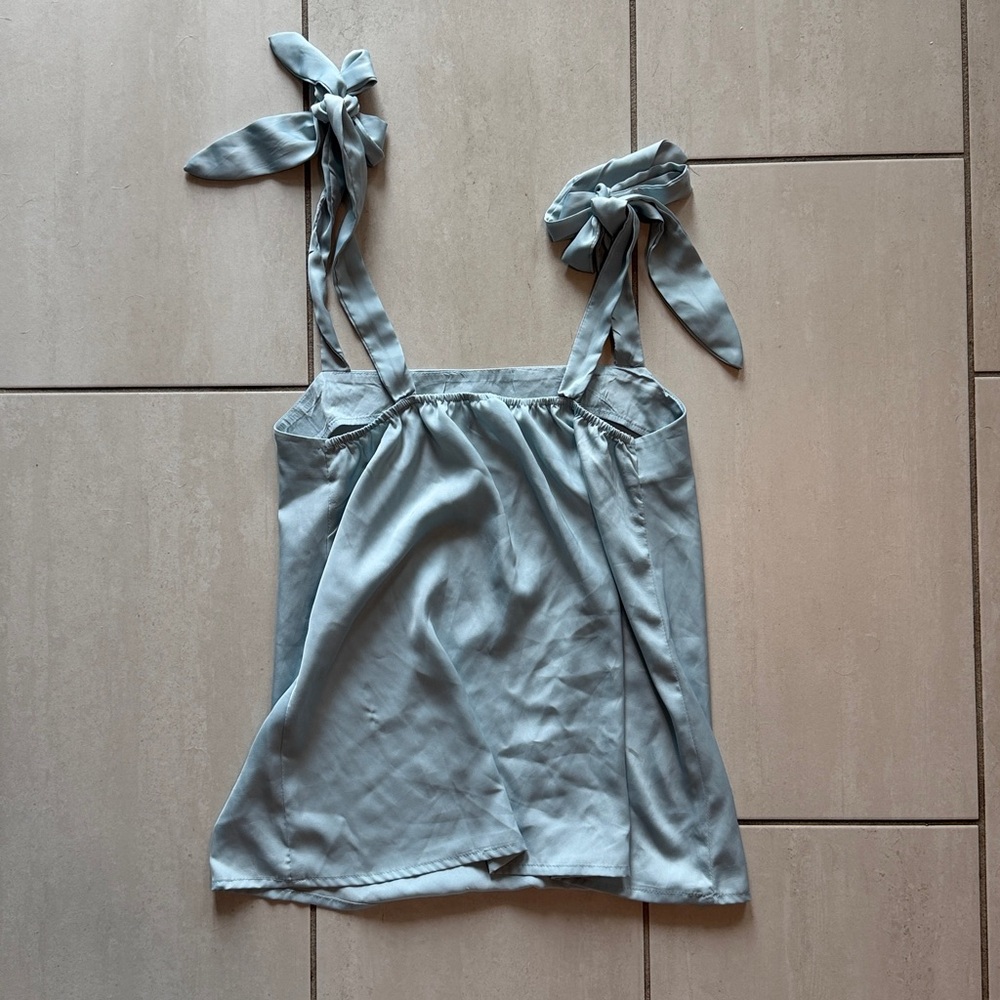 Women's Dusty Blue Pajama Set, Silky Tie Knot Tank Top PJ set - Picture 7 of 11